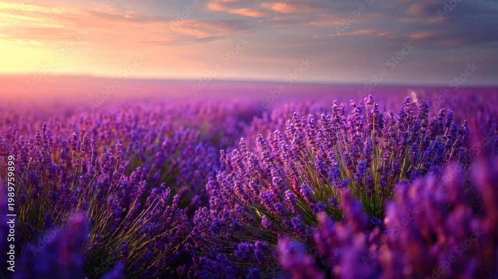 Obraz premium Stunning Lavender Fields Under Beautiful Sunset Glow with Vibrant Colors in Scenic Landscape of Nature's Beauty