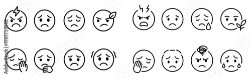Emotion icons with angry sad crying outline