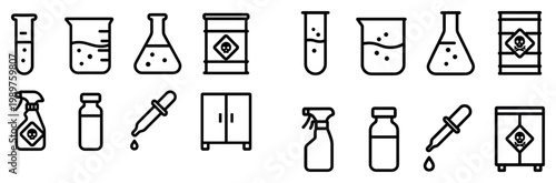 Laboratory icons with test tube flask beaker outline
