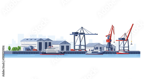 Industrial Cargo Port with Cranes and Ships Vector Illustration Design Concept