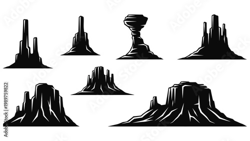 Iconic Silhouette Collection of Dramatic Desert Rock Formations Monument Valley Style