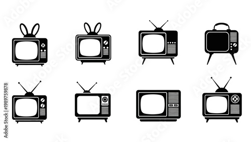 Retro television set icon collection in black and white vintage design