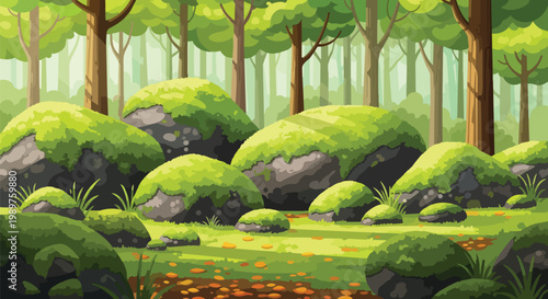 Lush green mossy forest landscape with large rocks and trees, serene nature scene