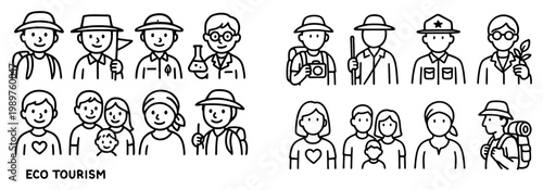 Eco tourism icons with hikers backpacks and camera outline