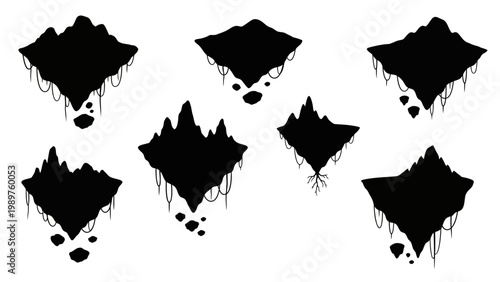 collection of black silhouette floating islands with dangling roots and rocks on white background