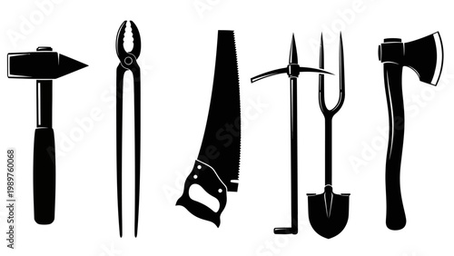 Collection of black silhouette illustrations of various hand tools on a white background