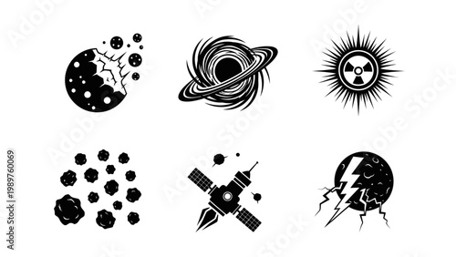 Collection of cosmic and science fiction vector icons representing space exploration and phenomena