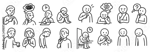 Mental health icons with sad angry anxious outline