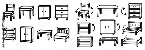 Furniture icons with chair table bed outline