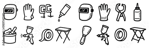 Workshop icons with mask glove clamp outline