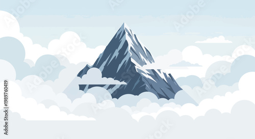 Majestic Snowy Mountain Peak Above Clouds, Winter Landscape, Adventure and Exploration