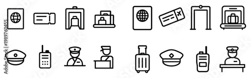 Travel icons with passport and luggage minimal outline