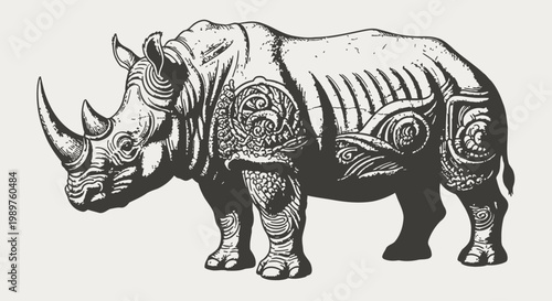 A heavily tattooed rhinoceros stands proudly in a serene natural setting with a gentle a(99).ai illustration style.