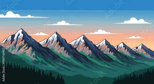 Pixel Art Mountains Landscape at Sunset with Clouds and Forest