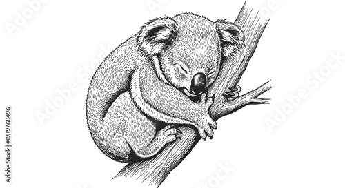 A koala rests peacefully on a branch in a tree in Australia surrounded by leaves.