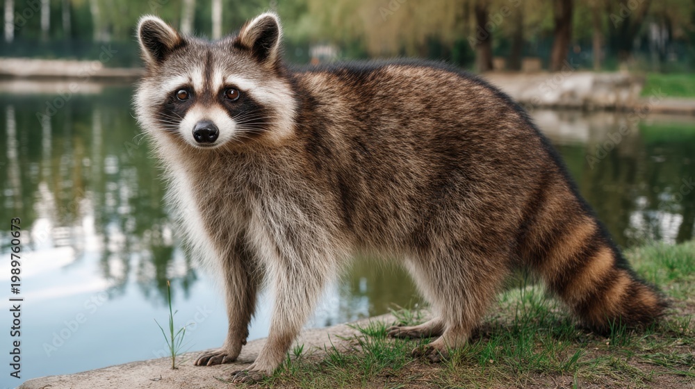 Obraz premium Curious raccoon standing near water's edge, showcasing its distinctive fur and playful demeanor in a natural setting