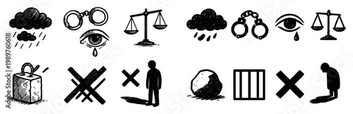 Justice icons with handcuffs scales lock sketch
