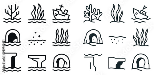 Underwater icons with coral seaweed shipwreck outline