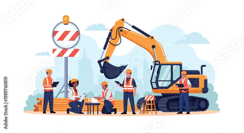 Construction Workers With Excavator Machine.