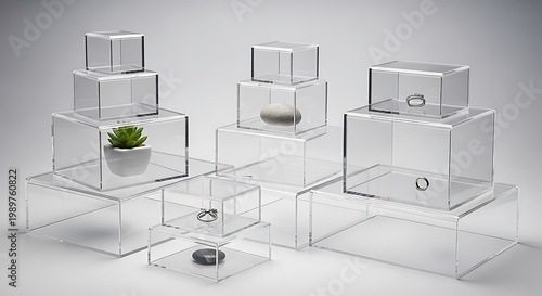 Collection of clear acrylic riser stands displaying small decorative items on a neutral background