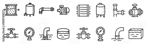 Plumbing icons with valve and pump technical outline