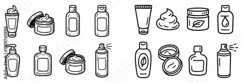 Beauty icons with cream bottle jar outline