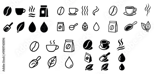 Coffee icons set with beans and cups