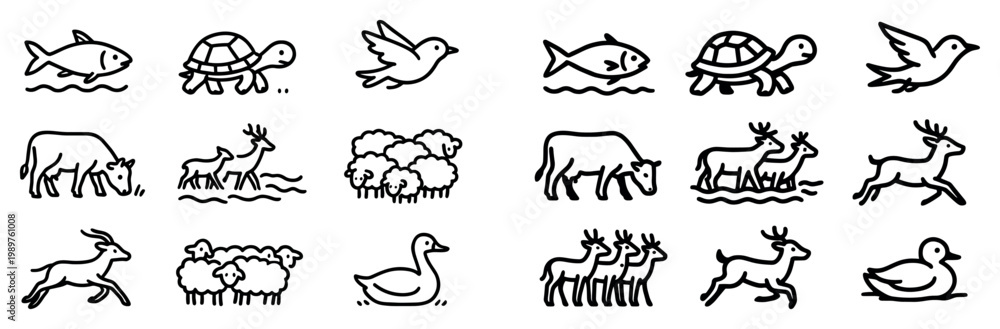 Fototapeta premium Wildlife icons with fish turtles and deer lineart
