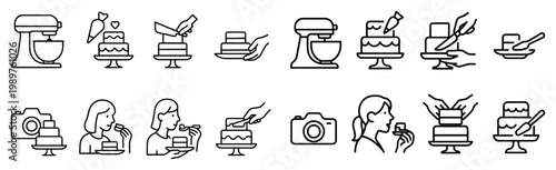 Baking icons with cake mixer and frosting outline