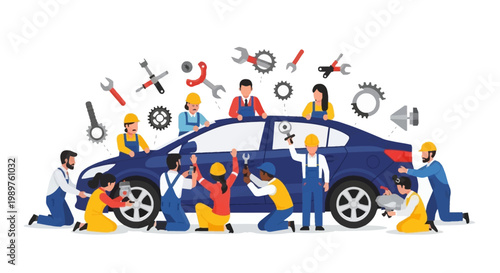 Mechanics working on car.