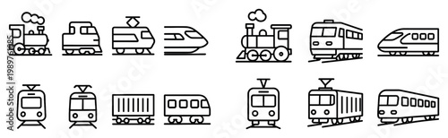 Transport icons with trains trams locomotives minimal