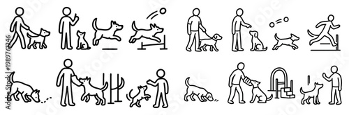 Pet icons with person dog leash outline