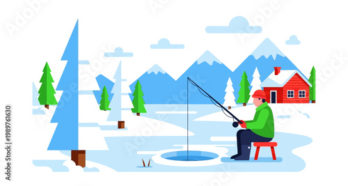 A lone figure ice fishing in a snowy mountain landscape with a cozy cabin