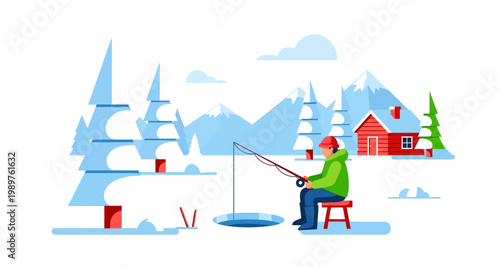 A person ice fishing on a frozen lake with a winter landscape backdrop