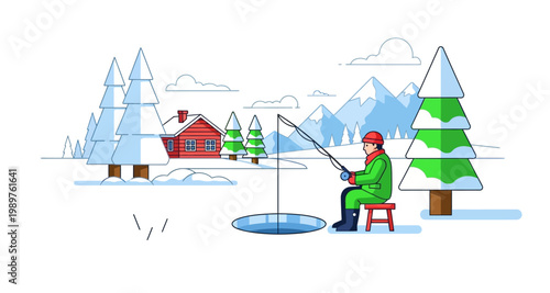 A lone figure ice fishing in a winter landscape with snow covered trees