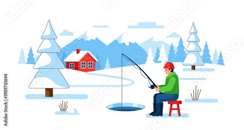 A person ice fishing on a frozen lake with snowy trees and houses