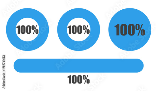 100％の円グラフとプログレスバーセット パーセンテージ表示アイコン素材100 Percent Chart and Progress Bar Set Circle Graph and UI Elements
