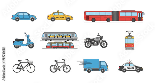 A collection of colorful flat design illustrations depicting various modes of transportation