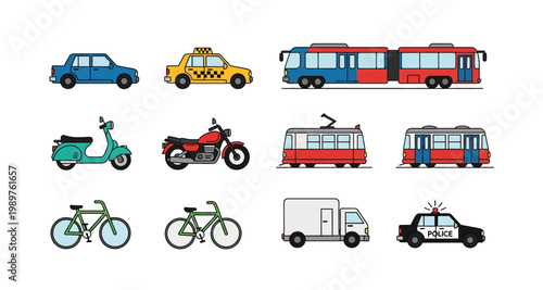 Colorful flat design illustration featuring various modes of transportation