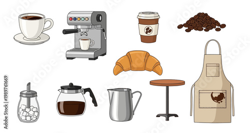 A collection of coffee related items including a machine beans and pastries