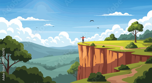 Man on cliff edge, arms wide open, enjoying vast landscape, freedom, adventure, nature