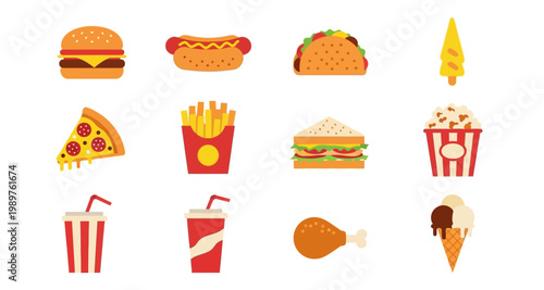 Colorful flat lay illustration of various fast food items and desserts