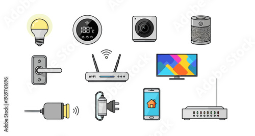 A colorful illustration depicting various smart home devices and technology