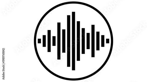 Clean black and white sound wave equalizer bars in a circular emblem, indicating sound levels and audio interface, on an isolated white background.