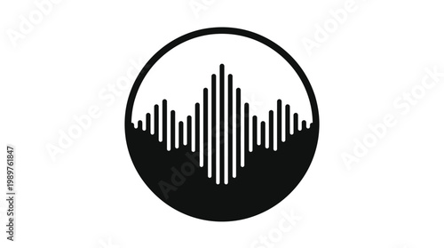Bold black and white sound wave graphic filling a circular frame, symbolizing audio data, sound visualization, and recording, on an isolated white background.