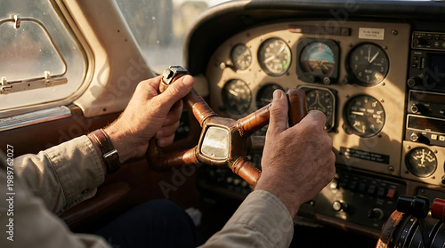 Pilot's hands gripping the control yoke in an airplane cockpit with vintage instruments visible