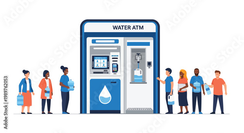 People queuing for water from automated dispenser illustration isolated on white background