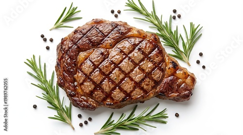 Grilled beef steak with crosshatch sear marks, rosemary and peppercorns, rustic cooked meat food photo isolated PNG with Transparent Background