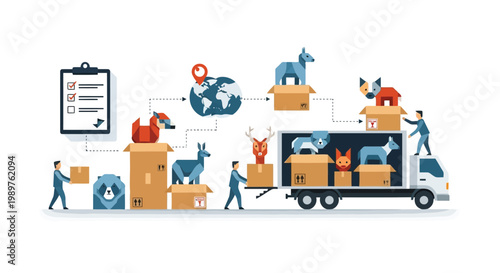 Logistics and delivery concept with animal figurines and truck isolated on white background