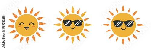 Cute sun collection, Happy cartoon sunshine characters, summer hand drawn sun set for kids cards invitations posters stickers vector illustration
